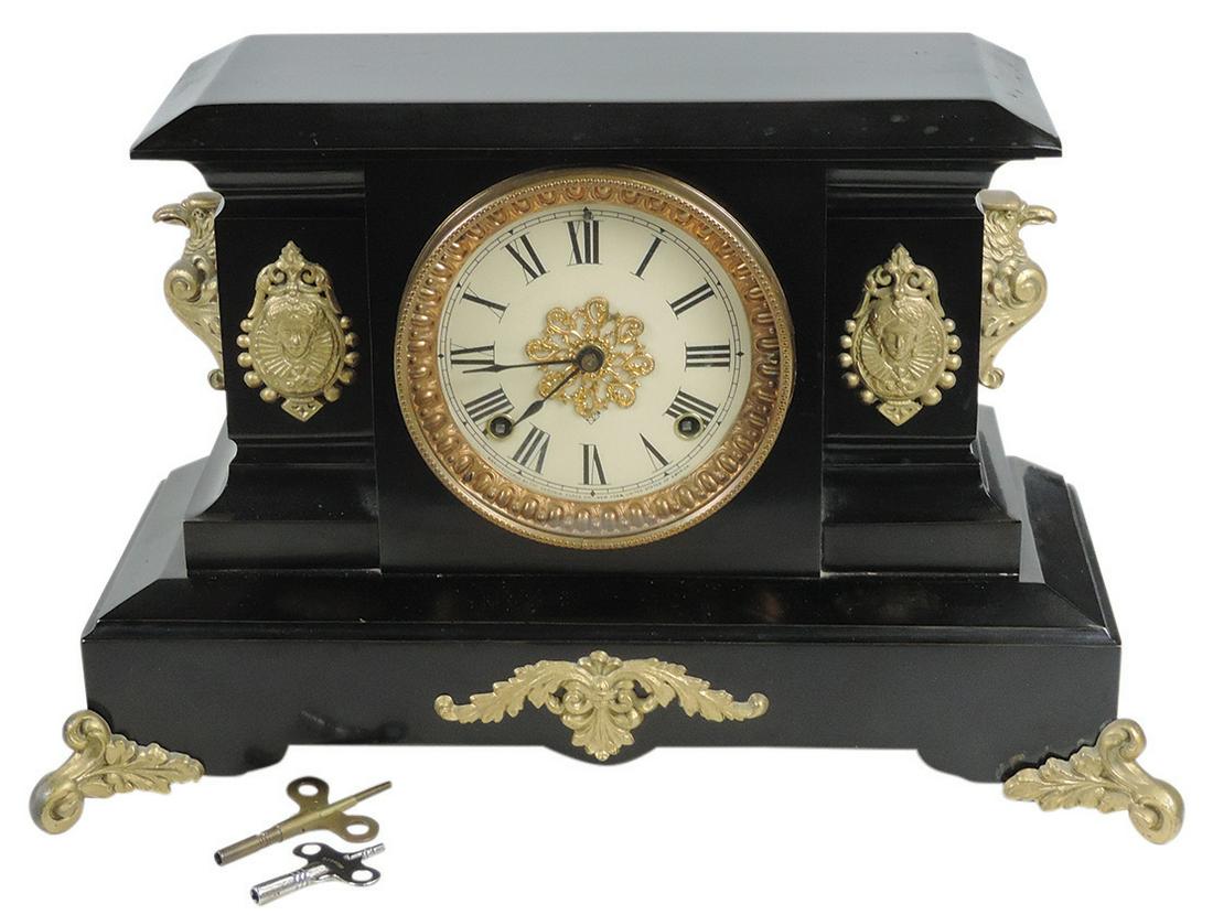 Clock, Victorian Mantle, mfgd by Ansonia w/8-day movement & chimes, black enameled iron case (1 of 1)