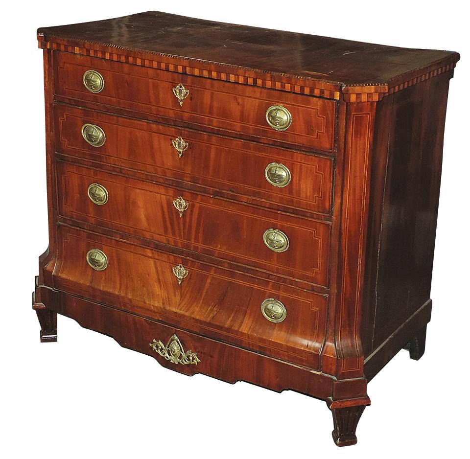 Furniture, Regency Period chest, English late 18th C. mahogany w/gilt brass embossed urn pulls,: Furniture, Regency Period chest, English late 18th C. mahogany w/gilt brass embossed urn pulls, satin wood inlay & carved feet, VG cond w/some shrinkage cracks & minor veneer lifting, 36"H x 41"W x 21