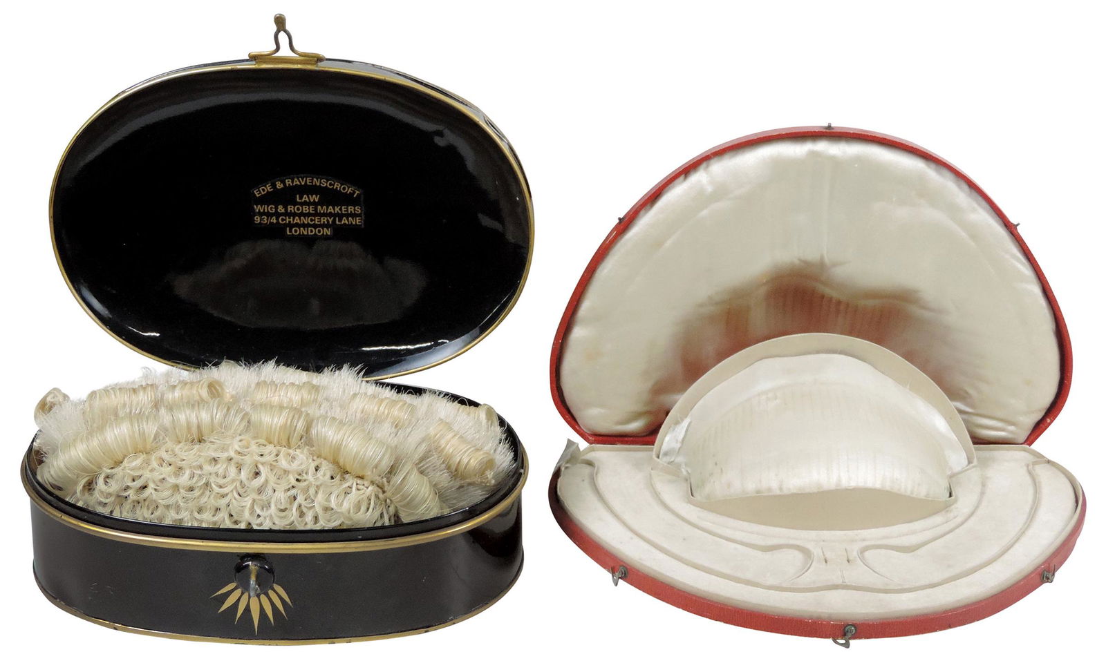 Decorative Art (3), Barrister's Wig & containers, English mid-20th C. hand-tied horsehair peruke (1 of 2)