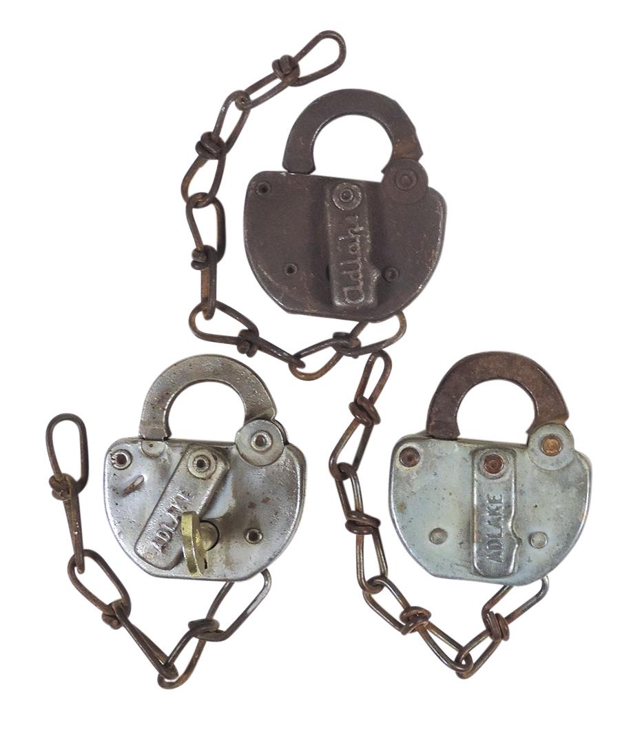 Livestock Union Stock Yard Padlocks (3), mfgd by Adlake, S C S Y Co w/key plus U S Y Co Fargo & ST P (1 of 1)