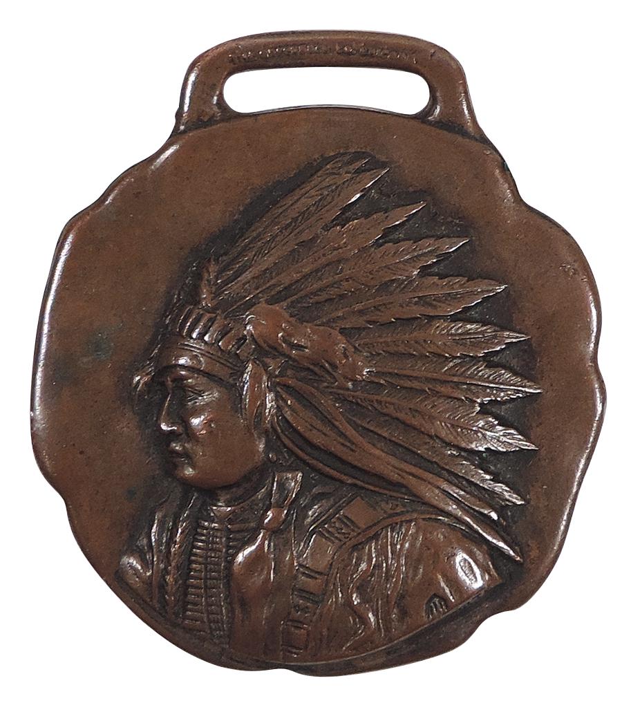 Stock Yard Watch Fob, Sioux City Stock Yards watch fob w/embossed Indian logo, brass, "Home Market (1 of 2)