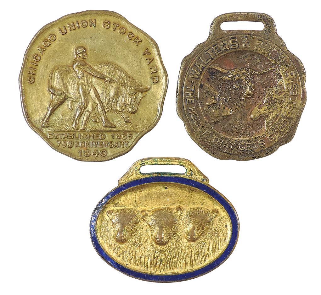 Stock Yard Watch Fobs & Medallion (3), Walters & Dunbar-The House That Gets Good Prices-: Stock Yard Watch Fobs & Medallion (3), Walters & Dunbar-The House That Gets Good Prices-Union Stock Yards-Chicago, W.R. Smith & Son Sell Nothing But Sheep-Chicago & So. Omaha & Chicago Union Stock Yar