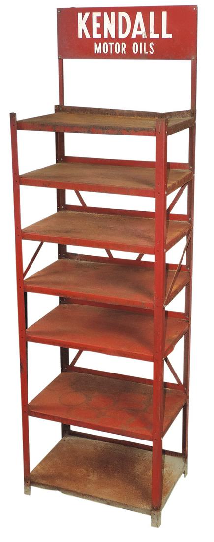 Petroliana, Kendall Oil can rack, pressed steel w/litho marquee, c.1960s, Fair cond w/signs of heavy: Petroliana, Kendall Oil can rack, pressed steel w/litho marquee, c.1960s, Fair cond w/signs of heavy use, 65"H x 21"W x 13"D.