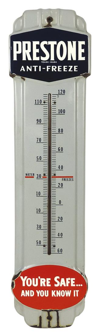 Petroliana, Prestone thermometer, embossed porcelain on steel for anti-freeze, Good+ cond w/losses (1 of 1)