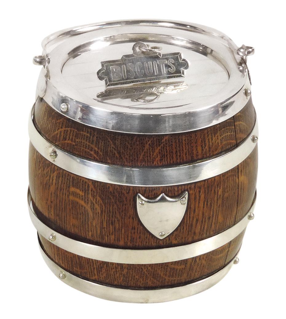 Edwardian Biscuit Jar, tiger stripe oak barrel form w/silvered mounts, ironstone interior & engraved (1 of 1)