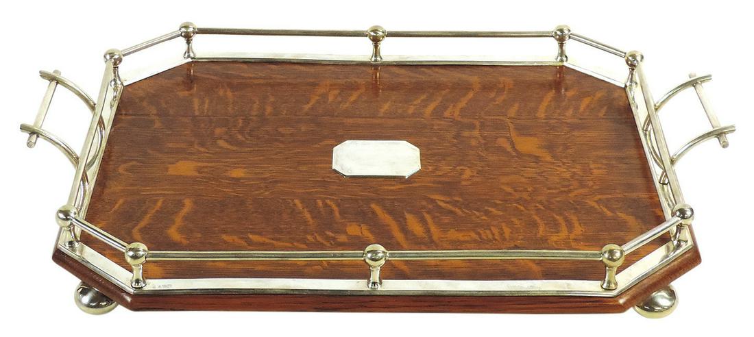 Edwardian Serving Plateau, tiger stripe oak w/silver-plated gallery & handles, raised on bun feet,: Edwardian Serving Plateau, tiger stripe oak w/silver-plated gallery & handles, raised on bun feet, Exc cond, 13"D x 20.5"W.