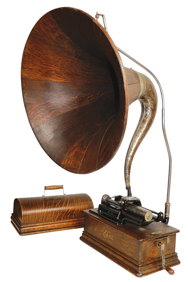 Phonograph, Edison Home with oak horn, combination type 2 & 4 minute reproducer in oak case w/domed (1 of 8)
