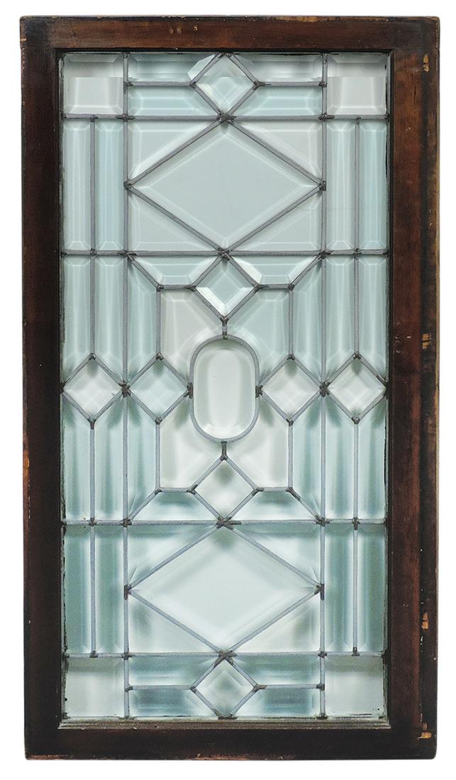 Window, Victorian Beveled Glass, 59 geometric shapes in leaded panel w/wood frame, Exc cond, 25"H x: Window, Victorian Beveled Glass, 59 geometric shapes in leaded panel w/wood frame, Exc cond, 25"H x 44"W.