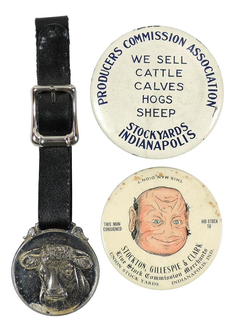 Stock Yard Watch Fob, Whetstone & Pocket Mirror (3), Powell Bros. Live Stock-Union Stock: Stock Yard Watch Fob, Whetstone & Pocket Mirror (3), Powell Bros. Live Stock-Union Stock Yards-Indianapolis watch fob w/strap, Producers Commission Association-We Sell Cattle, Calves, Hogs & Sheep-Sto