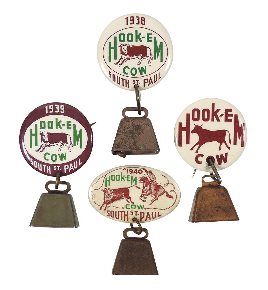 Livestock Advertising, (4) South St. Paul "Hook 'em Cow" pinback buttons w/cow bells from 1938, (1 of 1)