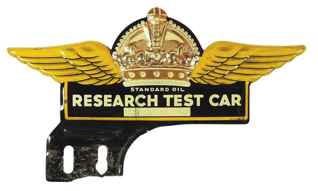 Automotive License Plate Topper, Standard Oil Research Test Car, embossed metal w/Gold Crown, VG (1 of 1)