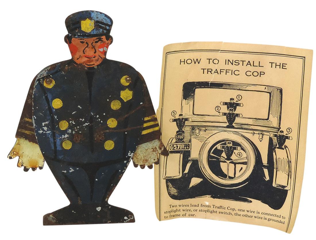 Automotive License Plate Topper, Traffic Cop, painted tin w/arms raising w/stop light switch, Good (1 of 1)