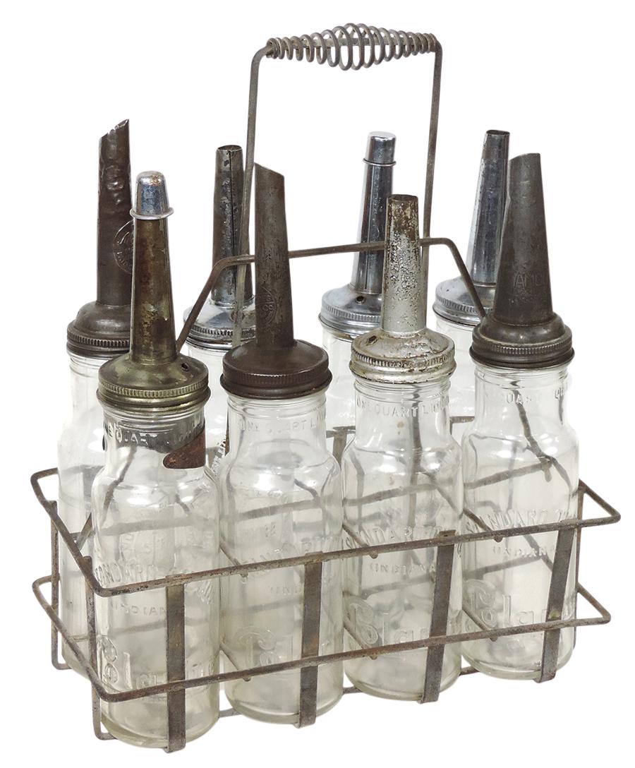 Petroliana (9), Standard Oil bottles & carrier, 4 embossed Polarine, 4 embossed Service w/associated (1 of 1)