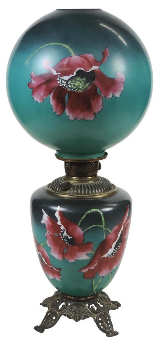 Lighting, Victorian parlor lamp, G.W.T.W.-style hand-painted glass shade & matching base w/burner (1 of 1)