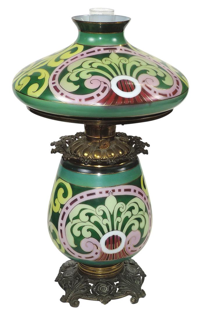 Lighting, Art Noveau parlor lamp, hand-painted glass shade & matching base w/scrolled designs & gold: Lighting, Art Noveau parlor lamp, hand-painted glass shade & matching base w/scrolled designs & gold tracery w/burner marked "Royal", Exc orig cond, 25"H.