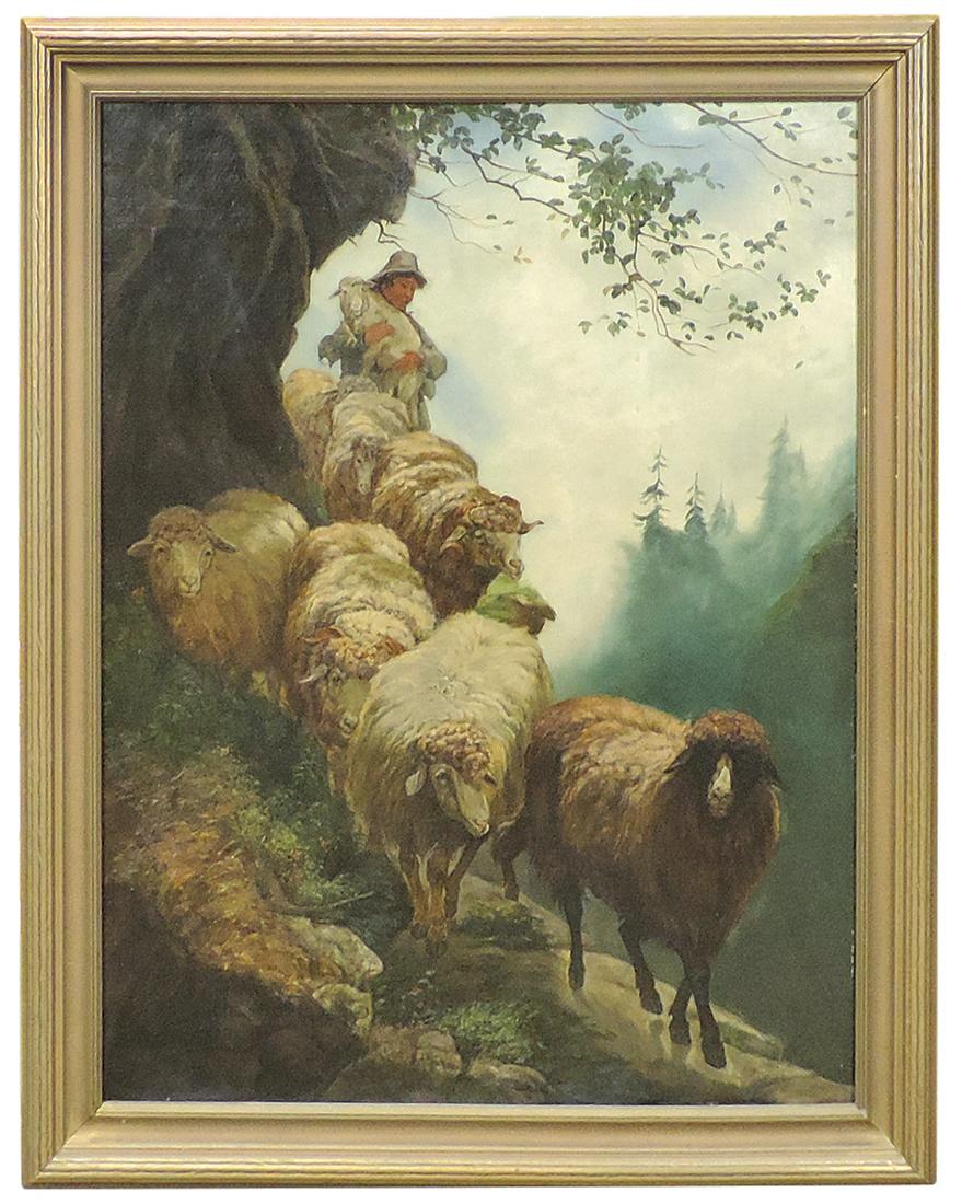 Painting, Rudolf Koller (Swiss 1828-1905), Shepherd on Mountain Trail, oil on canvas, signed l/l, in (1 of 6)