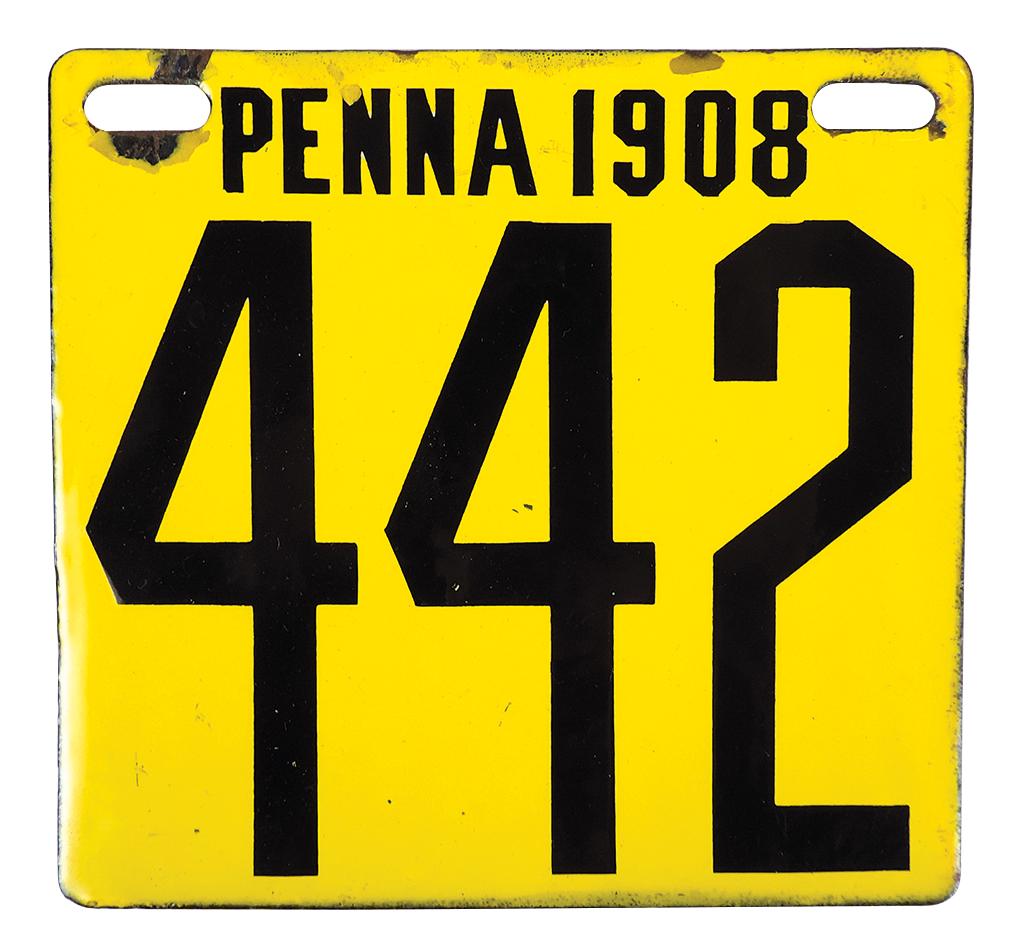 Automobilia, 1908 Pennsylvania license plate, 3-digit 442, porcelain on steel w/oval suspension (1 of 4)