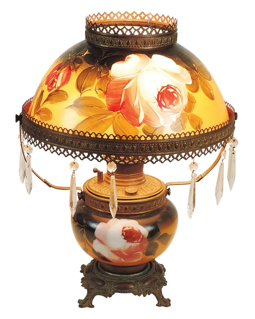 Lighting, Bradley & Hubbard Victorian table lamp w/hand-painted floral shade & base, later elect, VG (1 of 1)