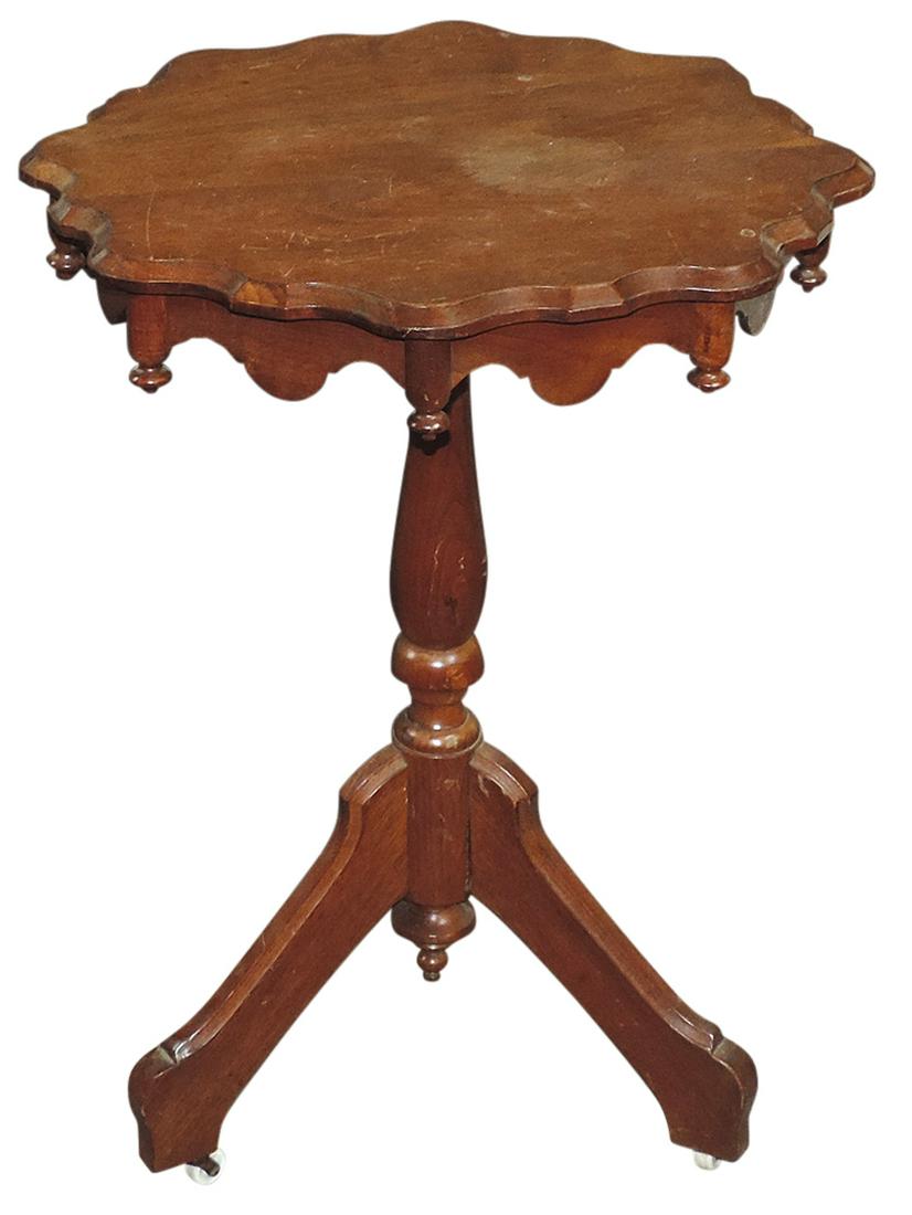 Furniture, Victorian lamp stand, walnut w/round scalloped top & teardrop skirt, VG cond & later (1 of 1)