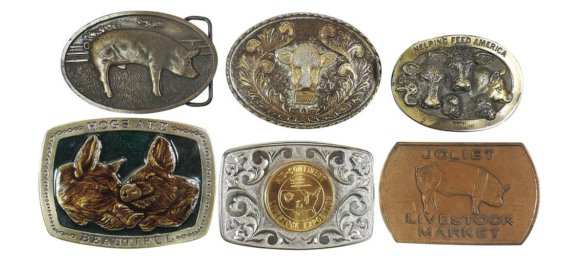 Livestock Belt Buckles (6), Joliet Livestock Market, Kent Feeds Helping Feed America marked Lewis (1 of 1)