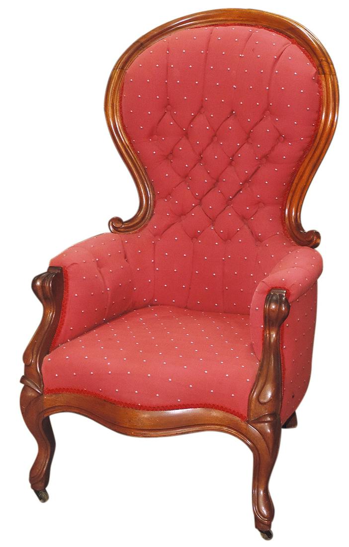 Furniture Victorian parlor chair, walnut w/balloon back & later upholstery, VG+ cond, 41"H x 25"W. (1 of 1)