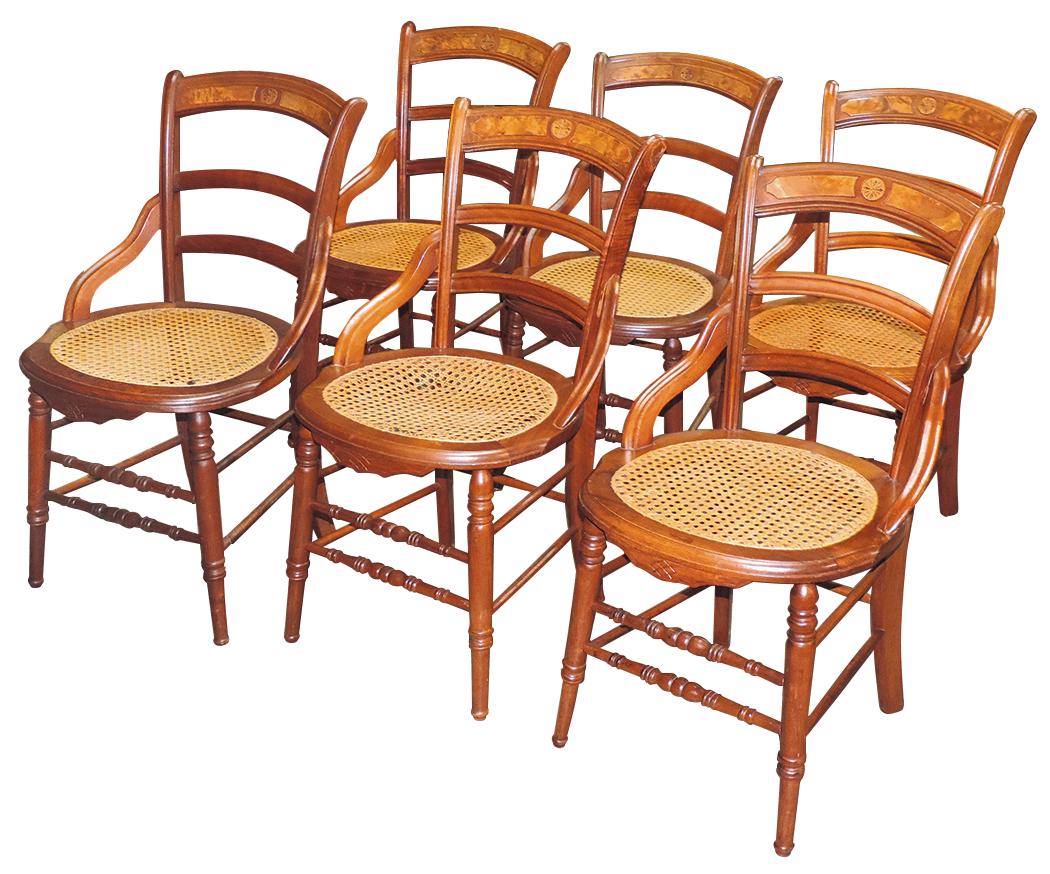 Furniture, dining room chairs, set of 6 Victorian walnut w/burled panel backs & caned seats, VG to (1 of 1)