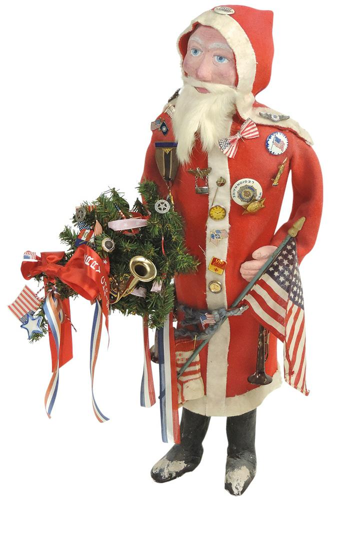 Folk Art Santa Claus Candy Container, artist-made Victorian style adorned w/various patriotic (1 of 1)