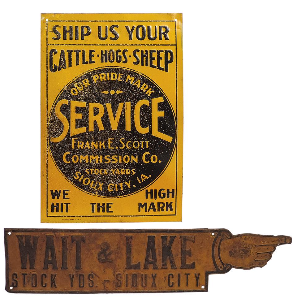 Livestock Advertising Signs (2), Sioux City Stock Yards, Watt & Lake embossed die-cut tin (1 of 1)