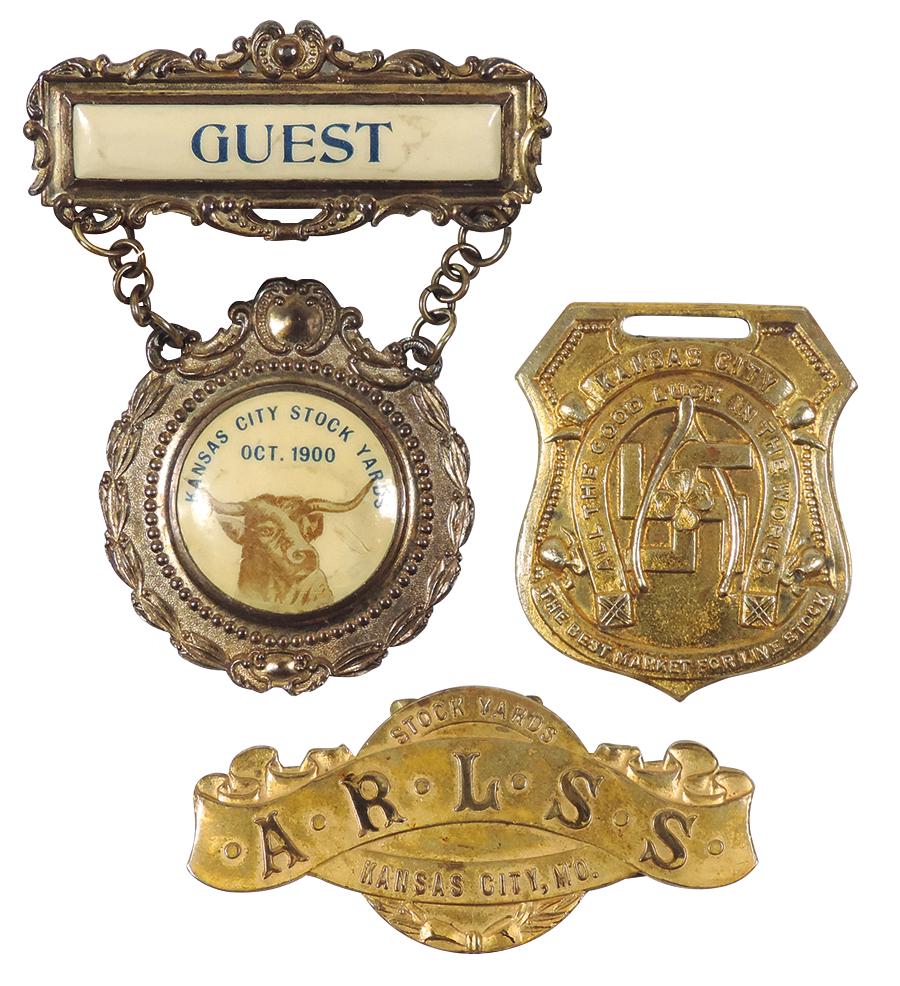 Livestock Advertising, Kansas City Stock Yards Oct. 1900 Guest badge, mfgd by Whitehead & Hoag,: Livestock Advertising, Kansas City Stock Yards Oct. 1900 Guest badge, mfgd by Whitehead & Hoag, brass w/celluloid front, A.R.L.S.S. Stock Yards-Kansas City, MO brass pin & Kansas City "The Best Market