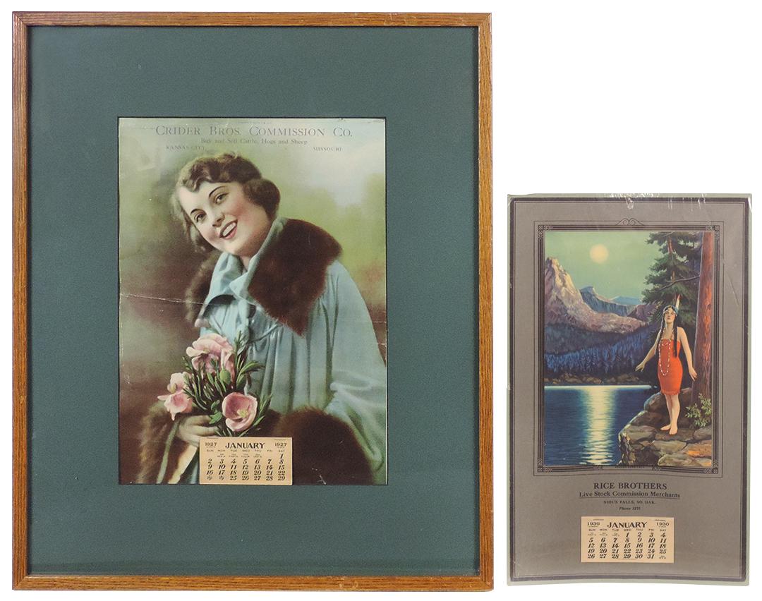 Livestock Commission Calendars (2), large Crider Bros-Kansas City 1927 & Rice Bros-Sioux Falls 1930,: Livestock Commission Calendars (2), large Crider Bros-Kansas City 1927 & Rice Bros-Sioux Falls 1930, both w/full pads, Good+ cond, noting 1st w/folds & short tears, 2nd w/torn back board, largest 25"H