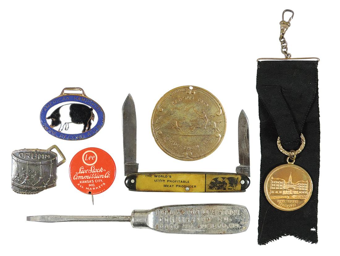 Stock Yard Watch Fobs, Knife, Pinback Button, Ribbon Fob & Screw Driver (7), Drumm Live Stock Comm. (1 of 2)