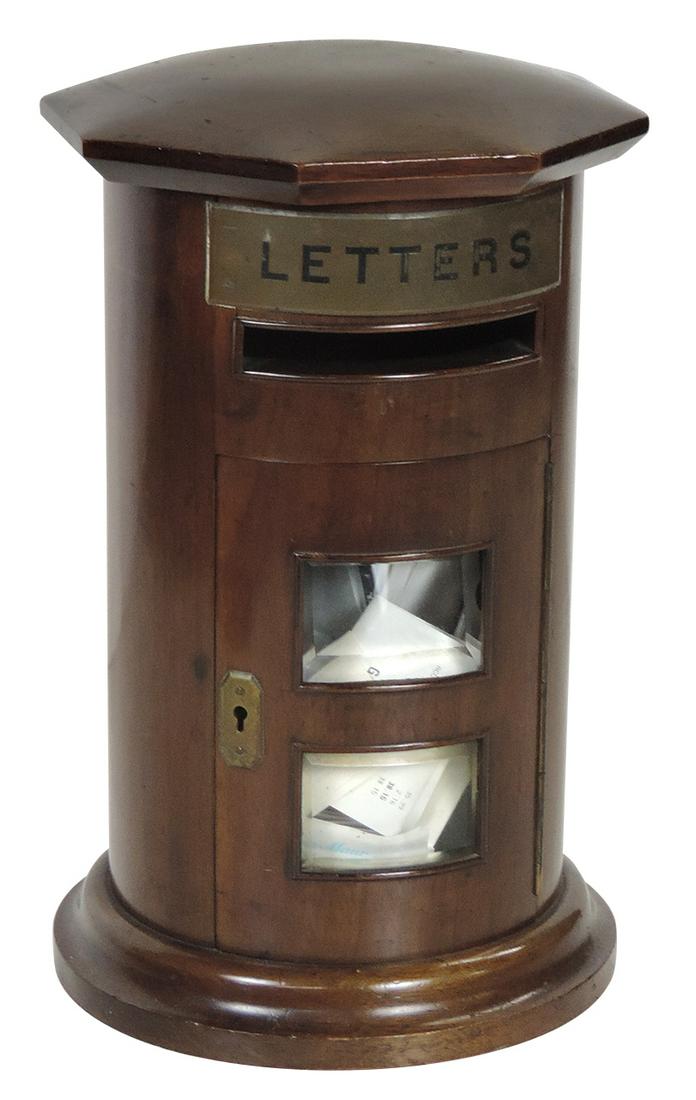 Mailbox, Hotel, mahogany columnar form, hinged locking door w/beveled glass panels below an (1 of 1)