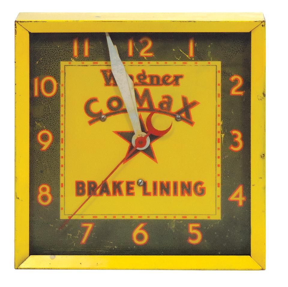 Automobilia Clock, Wagner Brakes, pressed steel w/litho on tin dial for CoMaX brake lining, Good+ (1 of 1)
