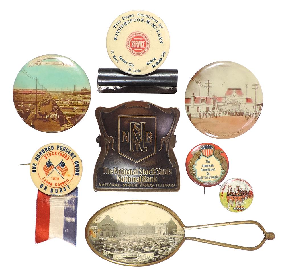 Stock Yard Pinback Buttons, Pocket Mirrors & Bill Clips (8), National Stock Yards National Bank & (1 of 1)