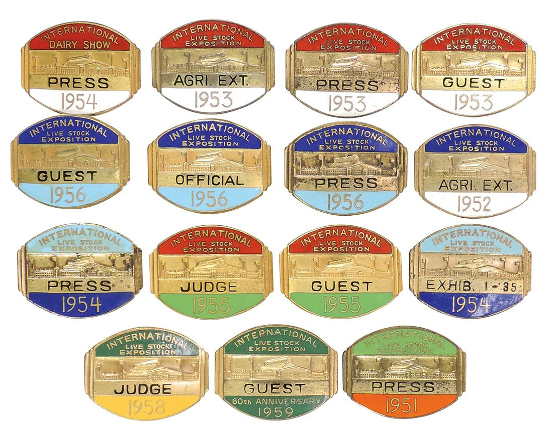 Livestock Lapel Pins (15), International Livestock Exposition Press, Guest, Judge, Official,: Livestock Lapel Pins (15), International Livestock Exposition Press, Guest, Judge, Official, Exhibitor & Agri. Ext. 1950's pins, all Exc cond, 12"H x 1.25"W.