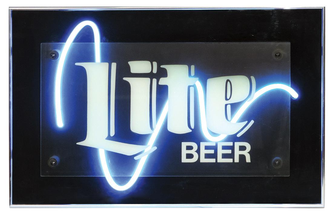 Breweriana, Miller Lite neon sign, mfgd by Mt. Vernon Neon Sign Co., extending reverse-painted glass (1 of 1)