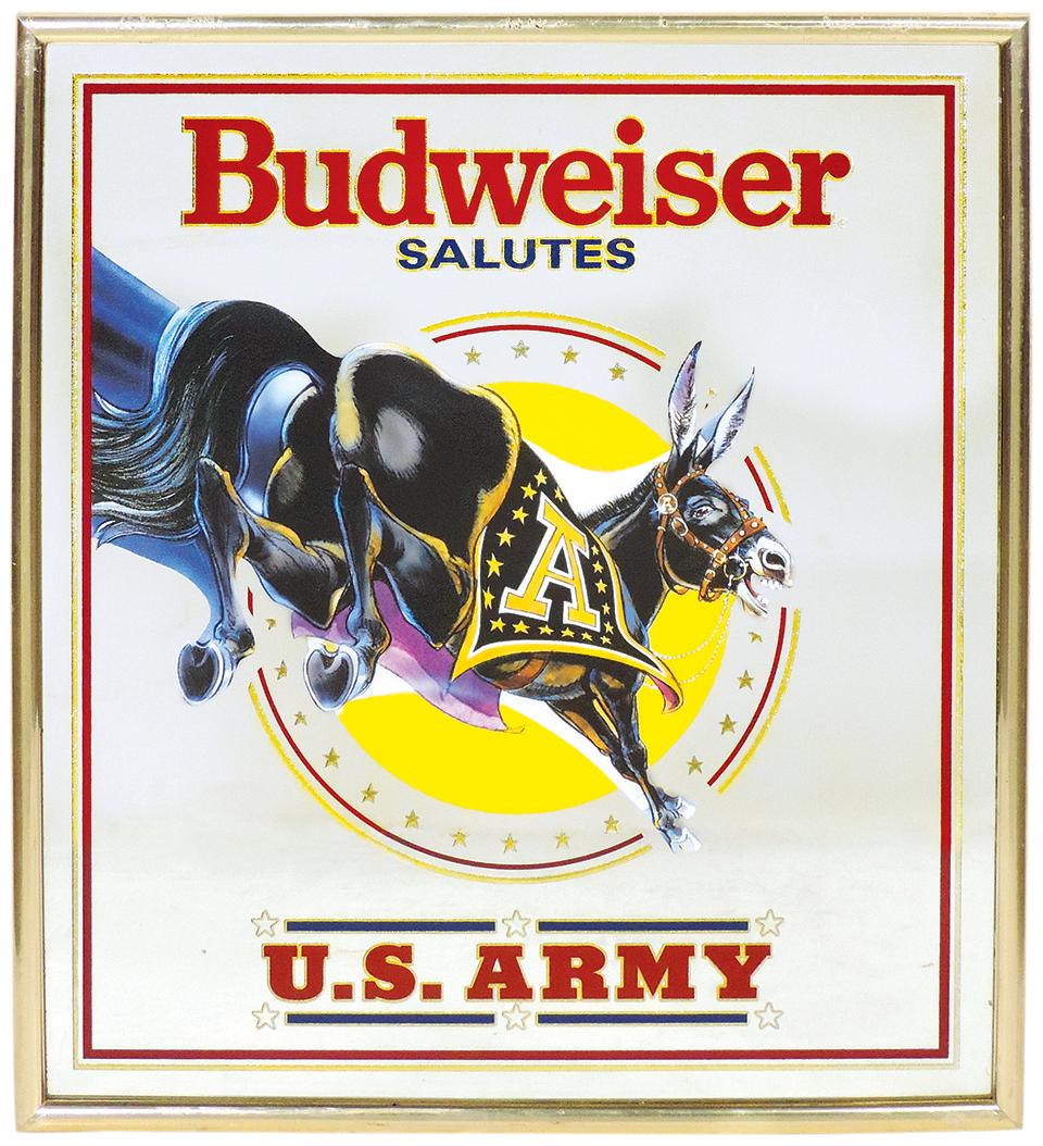 Breweriana, Budweiser sign saluting the U. S. Army, dtd 1992, reverse decorated & gold etched (1 of 1)