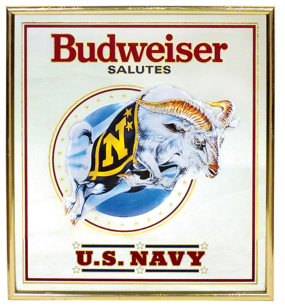 Breweriana, Budweiser sign saluting the U. S. Navy, dtd 1992, reverse decorated & gold etched (1 of 1)