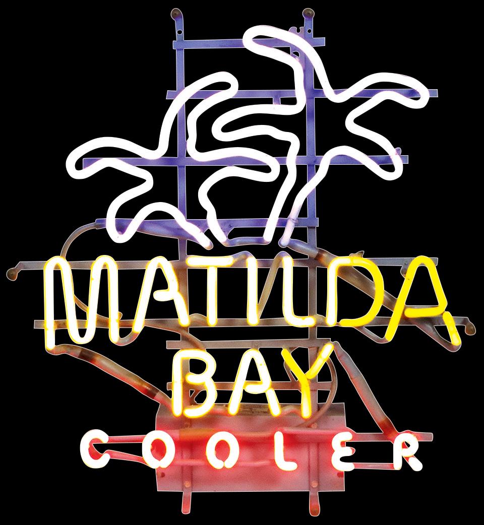 Breweriana, neon sign for Matilda Bay Cooler, mfgd by Everbrite Electric Signs Inc., pale lavender,: Breweriana, neon sign for Matilda Bay Cooler, mfgd by Everbrite Electric Signs Inc., pale lavender, yellow & red neon, Exc working cond, 23"H x 21"W.