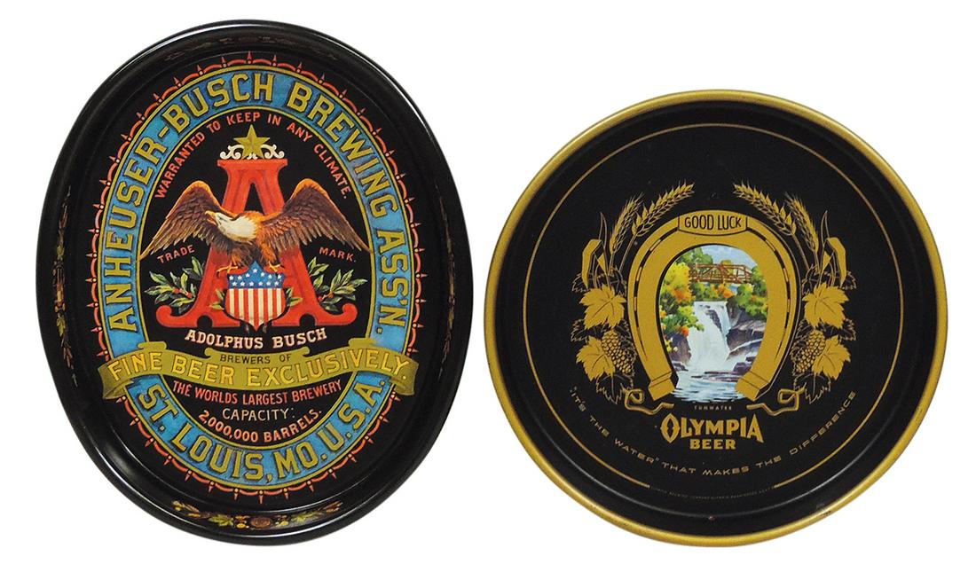Breweriana Trays (2), period Olympia Beer & reproduction Anheuser-Busch, litho on metal, Exc cond, (1 of 1)