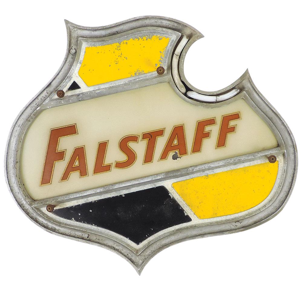 Breweriana, Falstaff neon sign, shield form trademark w/reverse-painted glass lighted center panel &: Breweriana, Falstaff neon sign, shield form trademark w/reverse-painted glass lighted center panel & conforming bezel w/neon cove, rough non-working cond w/neon tube remnants, 18"H x 20.5"W.