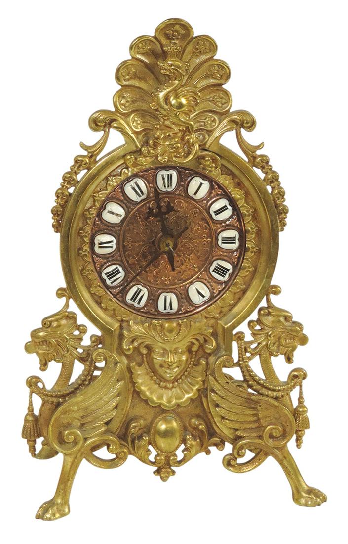 Clock, Renaissance Revival style gilt bronze w/figural griffins, unmarked & not working o/wise VG: Clock, Renaissance Revival style gilt bronze w/figural griffins, unmarked & not working o/wise VG cond, 12.5"H.