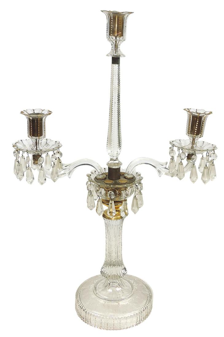 Lighting, Regency cut & etched crystal 3-light candelabrum, Anglo-Irish w/gilt bronze mounts & (1 of 3)