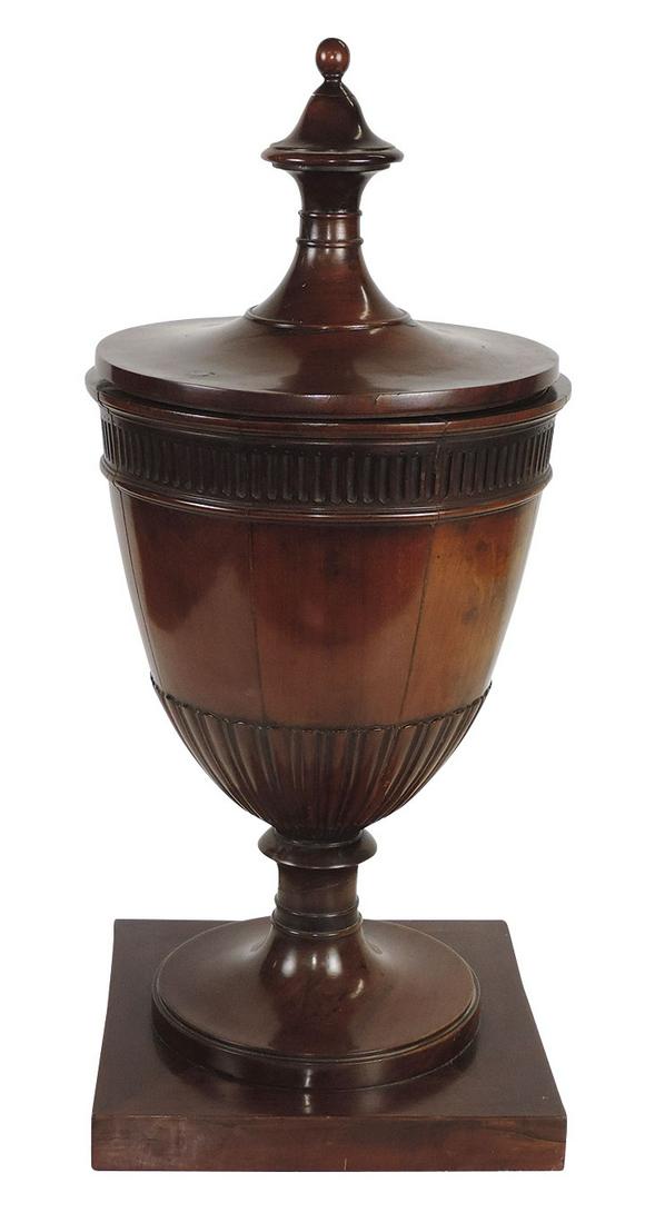 Furniture, Regency Revival Wine Cooler, mahogany urn form on square pedestal w/tin lining, VG cond: Furniture, Regency Revival Wine Cooler, mahogany urn form on square pedestal w/tin lining, VG cond w/orig finish w/a couple of shrinkage cracks, 30"H.