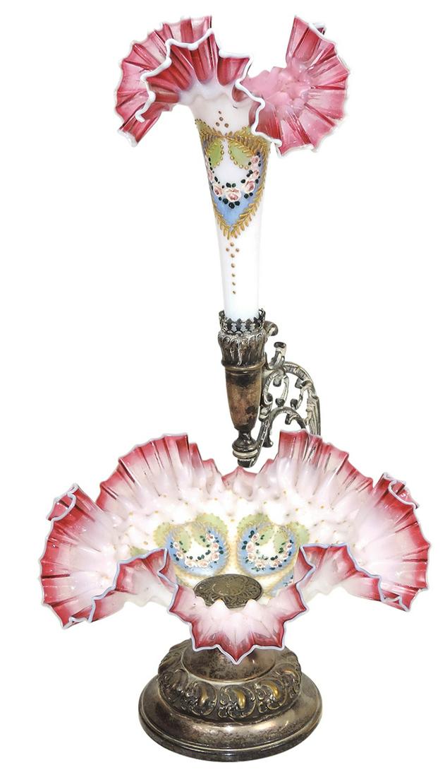 Victorian Bride's Bowl Epergne, opal glass w/cranberry ruffled rim & enameled flowers in silvered (1 of 1)
