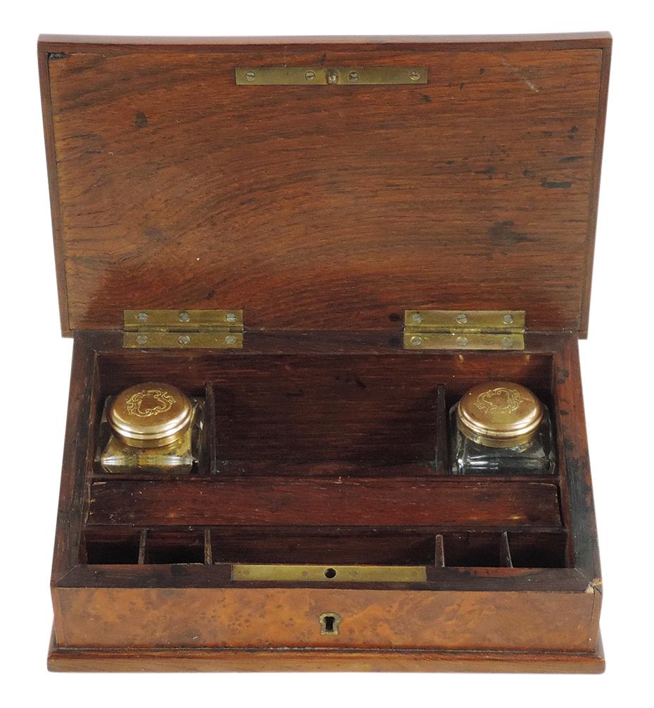Victorian Ink Stand, burled rosewood w/2 cut glass wells, pen rest & hidden compartment holding wax (1 of 2)