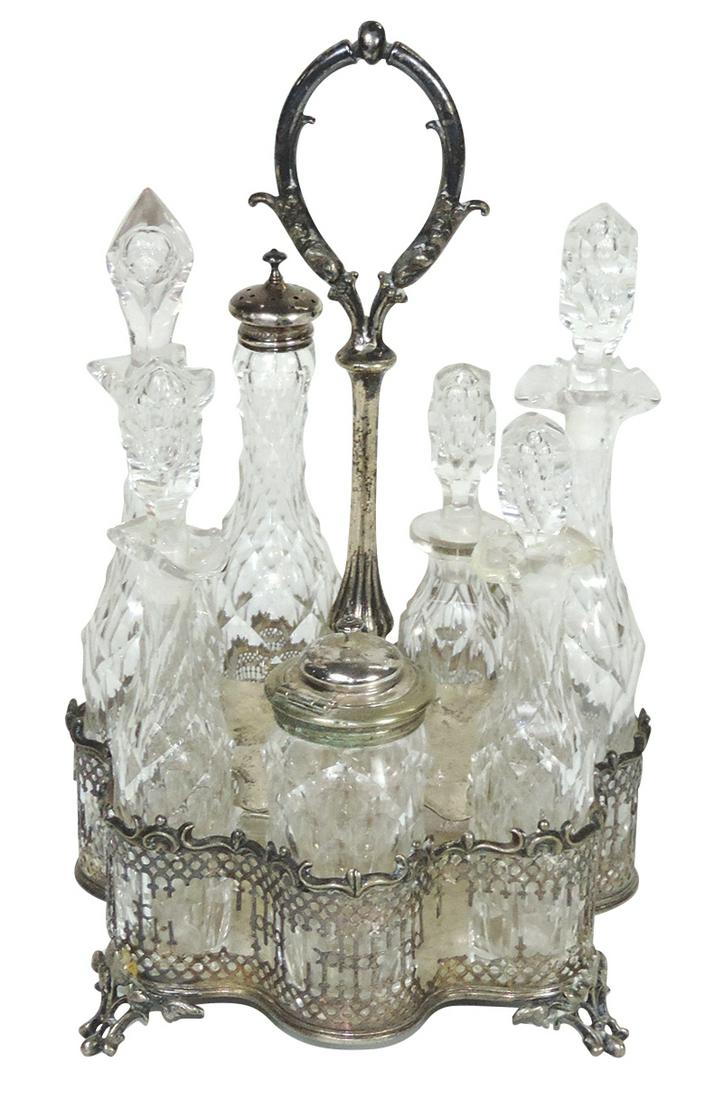 Victorian Table Caster Set, cut glass w/7 bottles & mustard in silverplate stand, VG cond, 1 bottle (1 of 1)