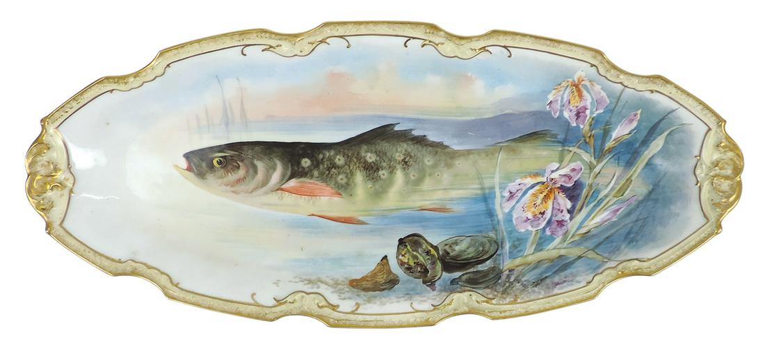 Porcelain Fish Platter, hand painted w/Imperial Haviland & Co. Limoges mark, shallow chip under 1: Porcelain Fish Platter, hand painted w/Imperial Haviland & Co. Limoges mark, shallow chip under 1 handle o/wise Exc cond, 24"L.