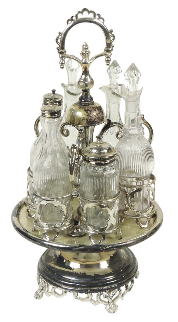 Victorian Table Castor, 3 pr cut glass bottles in carousel, mfgd by Roswell Gleason & Sons, pat. (1 of 1)