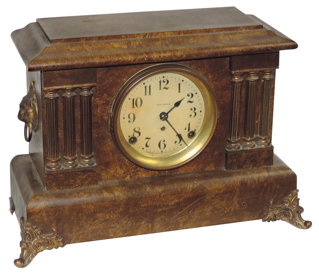 Clock, Seth Thomas mantle, 8-day w/chimes, columns & lion's head handles, VG+ cond, appears working (1 of 1)